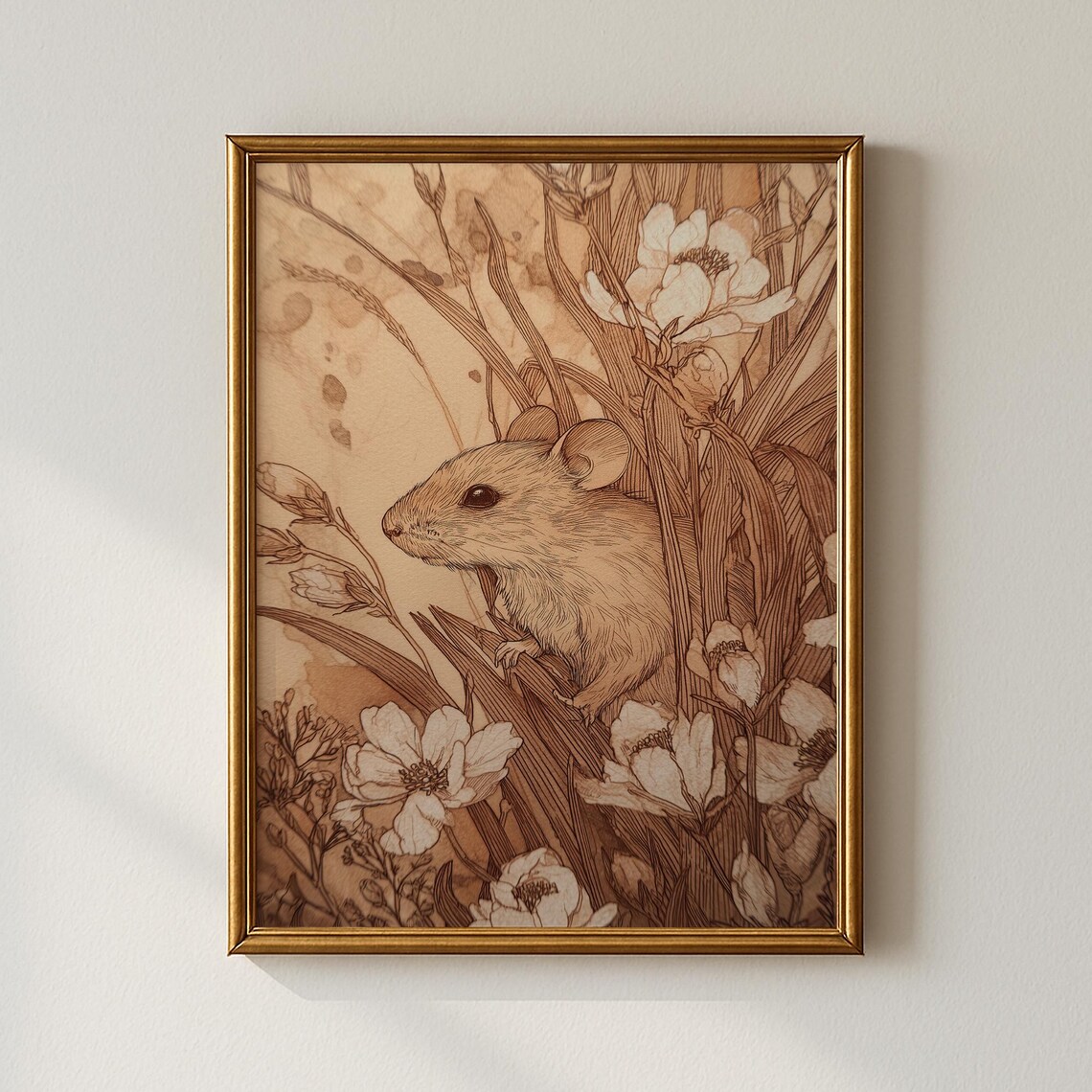 Field Mouse Among Wildflowers Sepia Vintage Etching Style Art Print