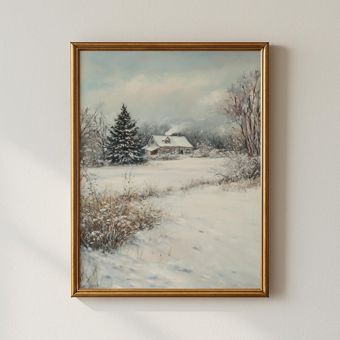 Cozy Snow-Covered Cottage Winter Landscape Vintage Art Poster