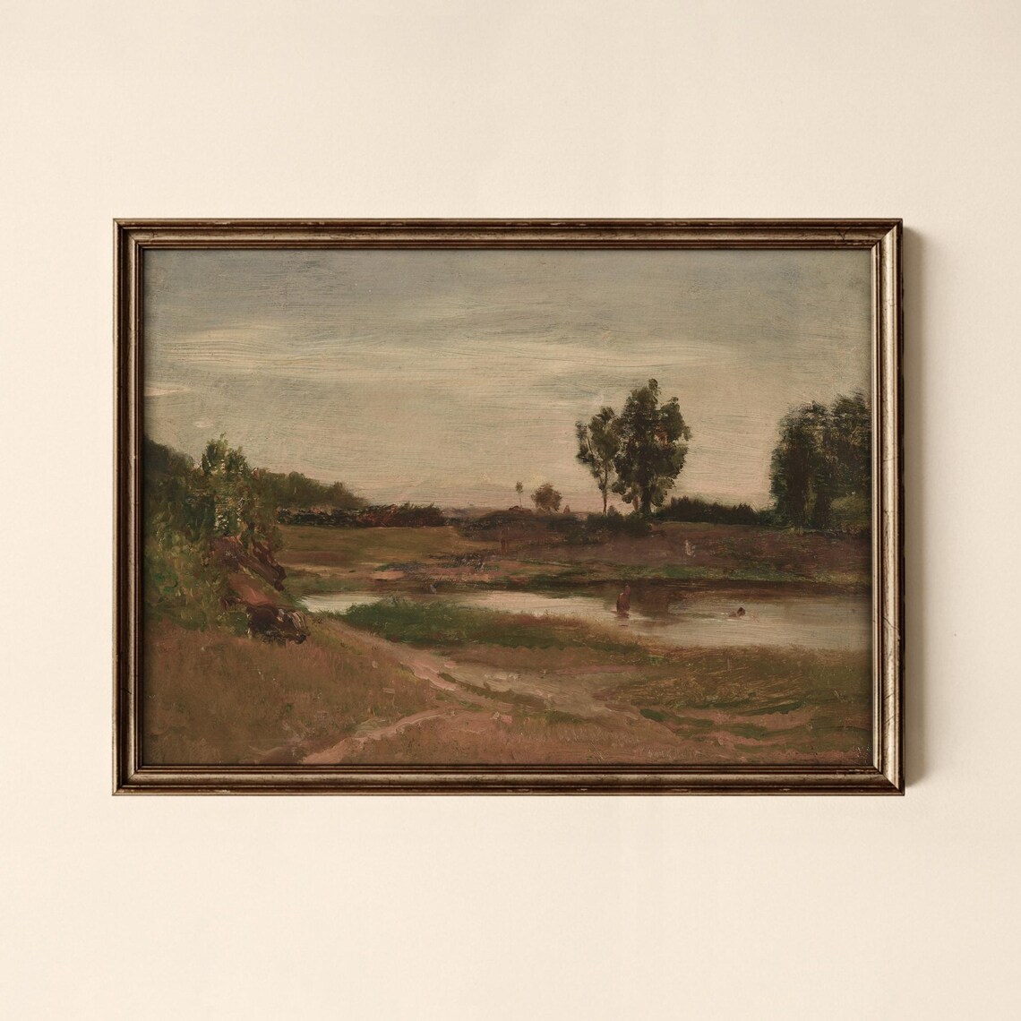 Quiet Vintage River Meadow Painting Soft Sky Landscape Art Print