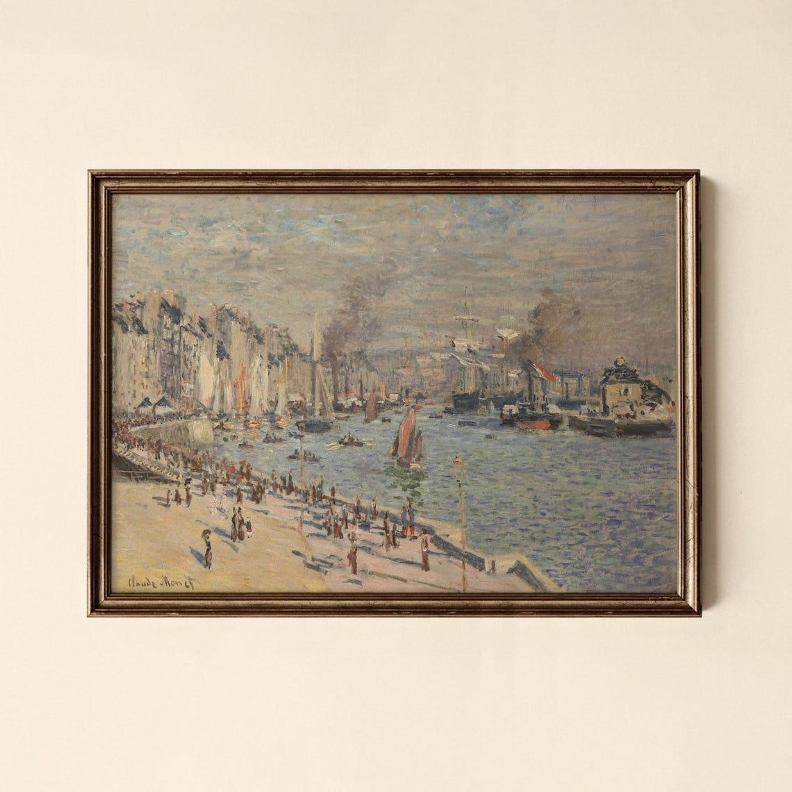 Monet-Style Harbor Ships Scene Vintage Impressionist Coastal Art Print
