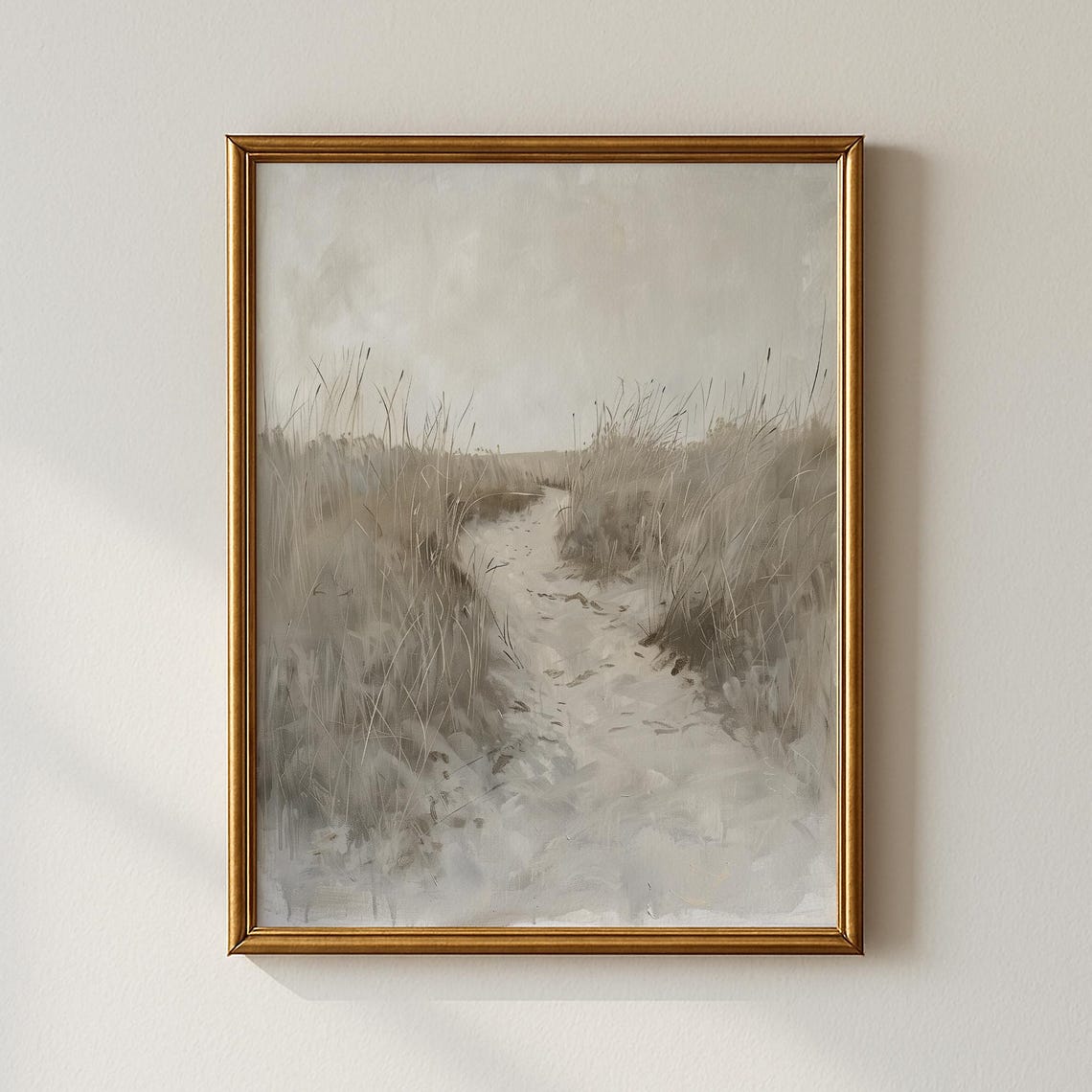 Muted Marsh Path Through Tall Grass Neutral Landscape Painting Print