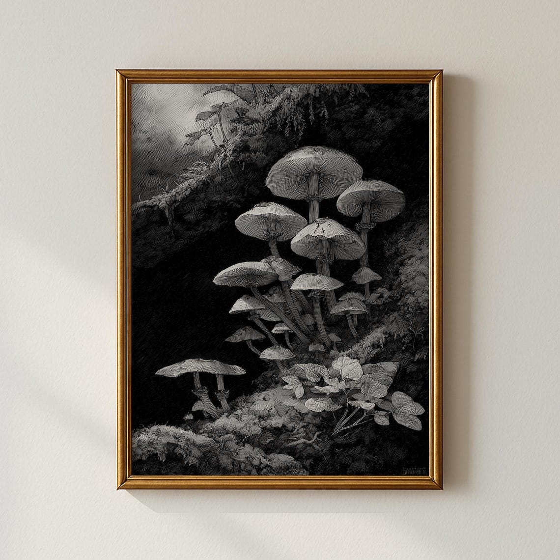 Black And White Mushroom Sketch Monochrome Fungi Vintage Study Poster