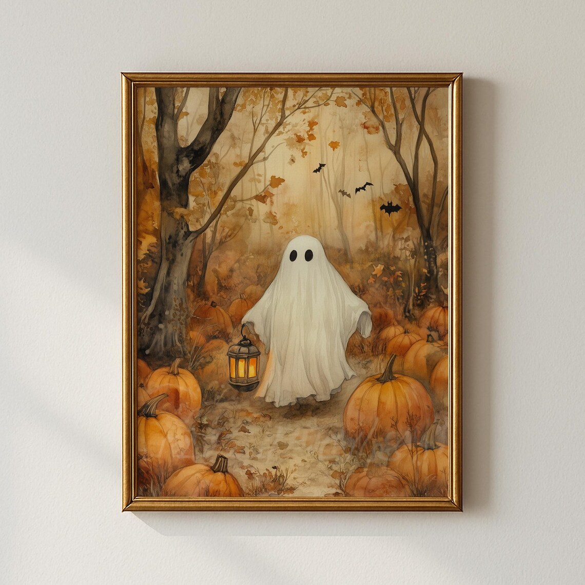Halloween Ghost With Lantern Walking Through Autumn Pumpkin Patch Print
