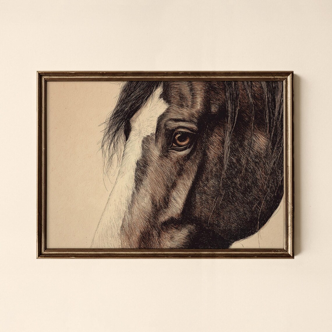 Horse Head Detail Sepia Engraving Style Vintage Equestrian Art Poster