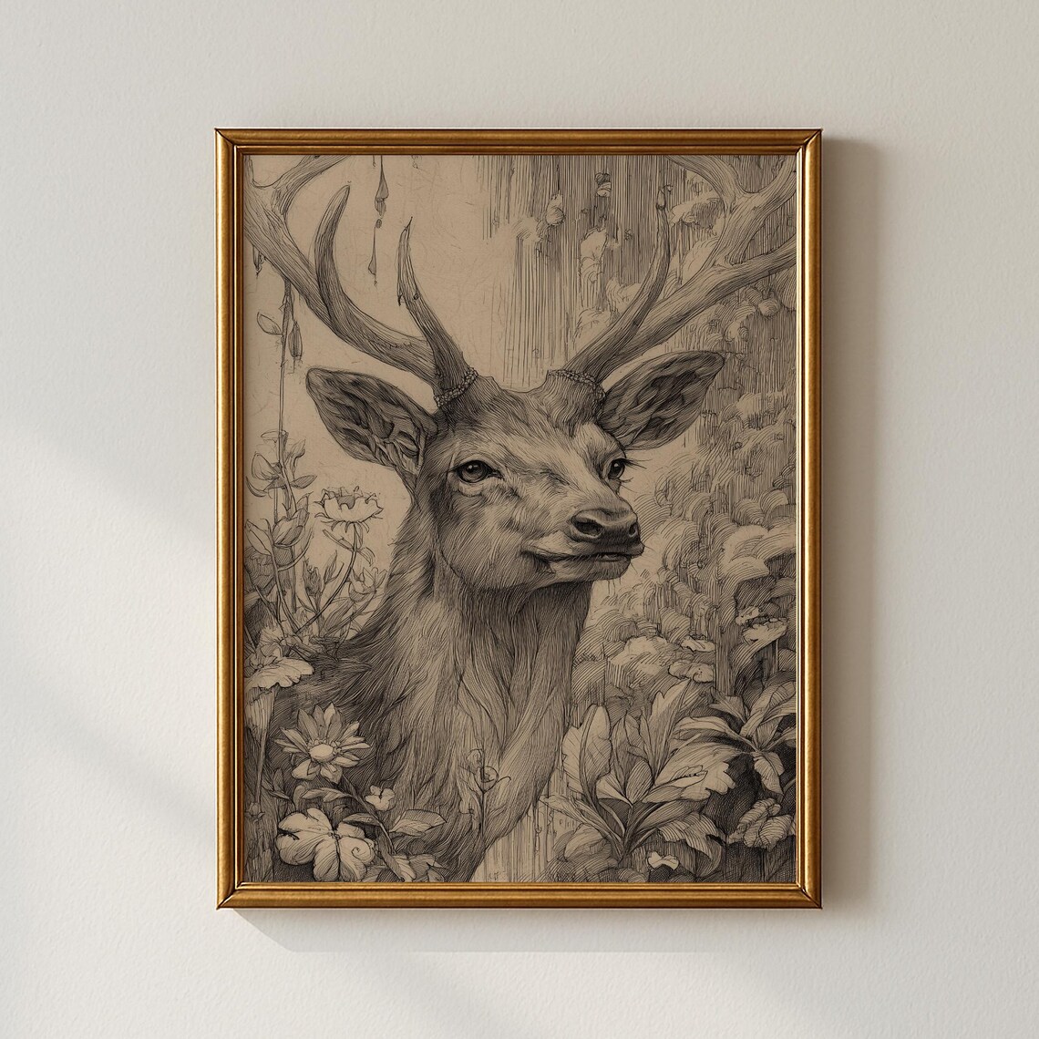 Stag Deer Vintage Etching Style Woodland Animal Portrait Print