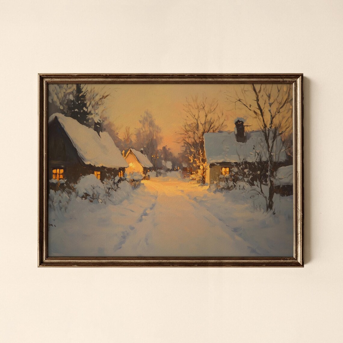 Snowy Village Cottages Golden Sunset Winter Painting Art Poster