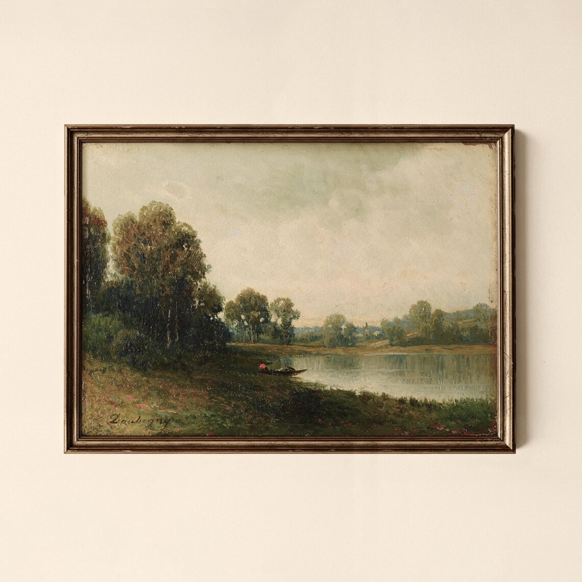 Vintage Lakeside Rowboat Morning Calm Landscape Painting Poster