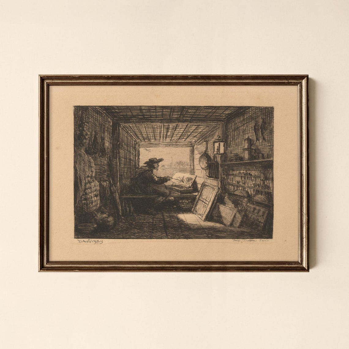 Artist Painting at Easel in Studio Antique Etching Art Print