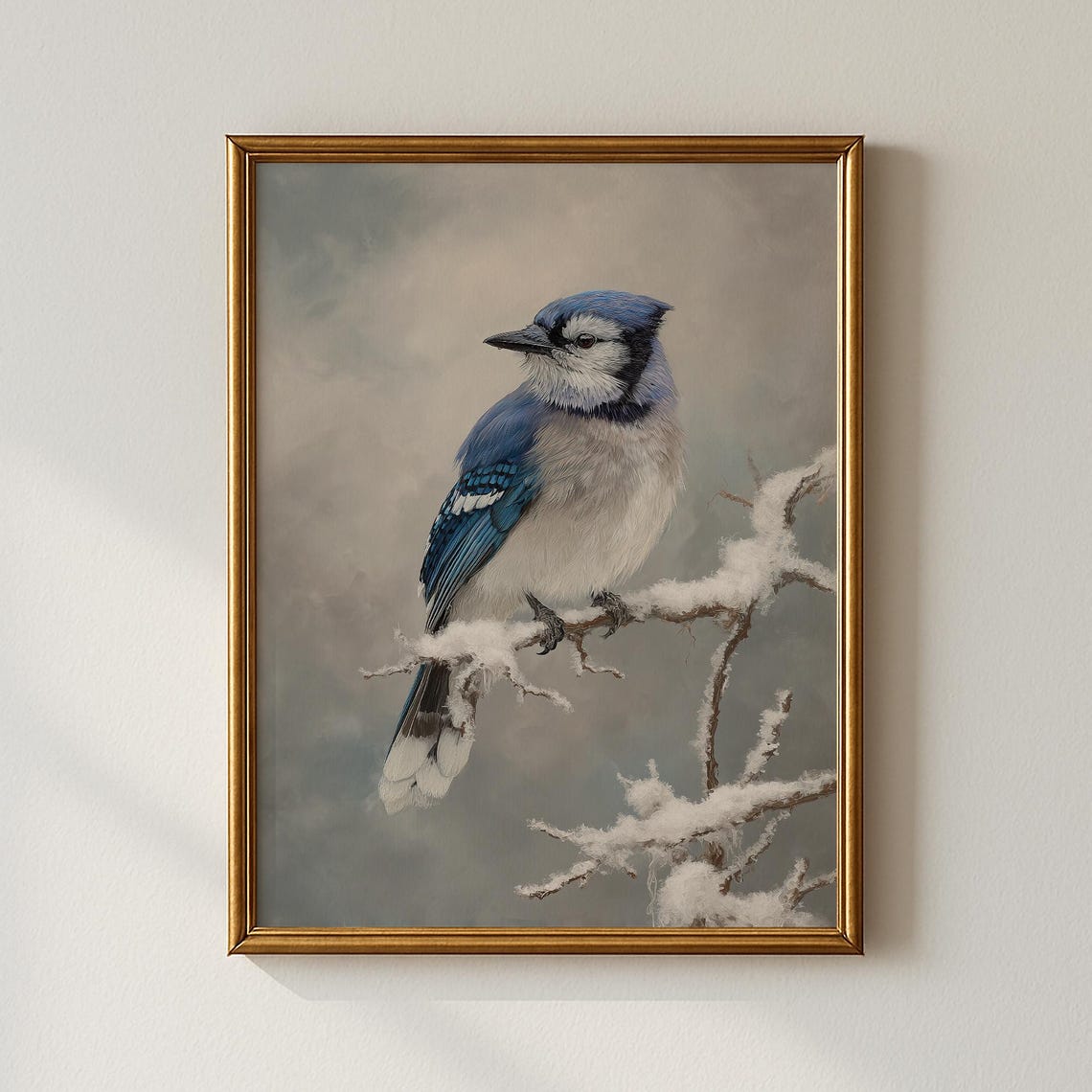 Blue Jay on Snowy Branch Winter Bird Vintage Nature Art Poster