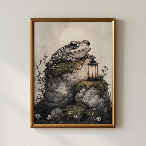 Toad with Lantern on Mossy Rock Under Moonlight Halloween Poster