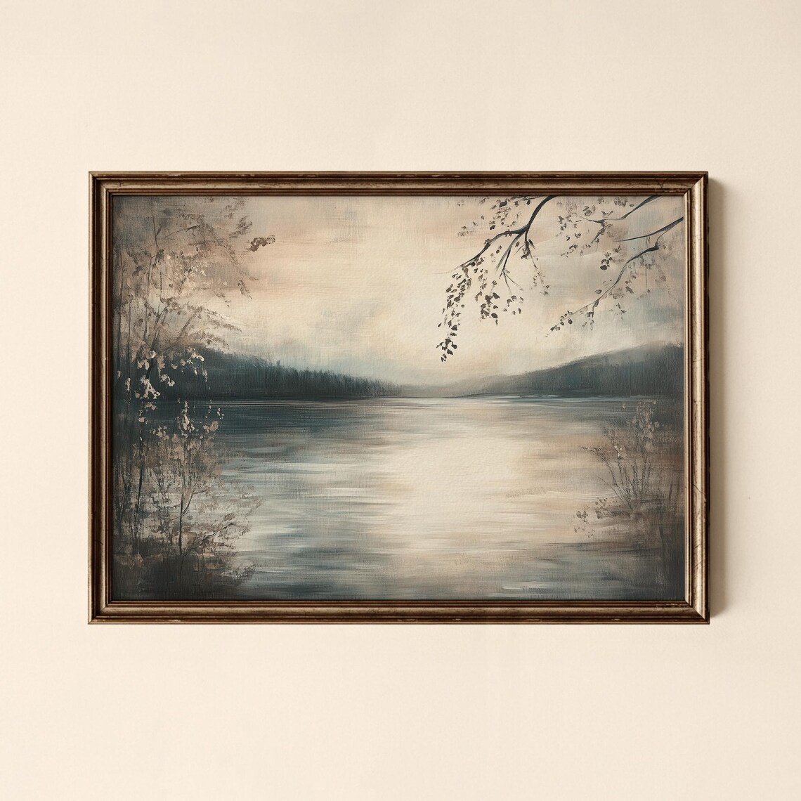 Moody Gray Lake Misty Dawn Morning Vintage Landscape Art Poster