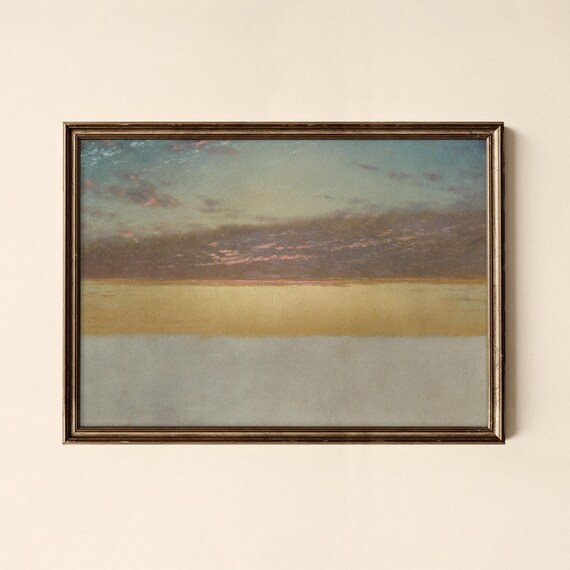 Golden Coastal Sunset Over Calm Sea Vintage Tonal Art Poster