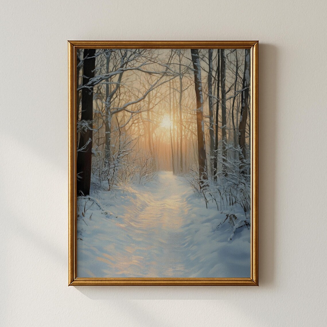 Snowy Winter Forest Path Golden Sunset Vintage Landscape Poster