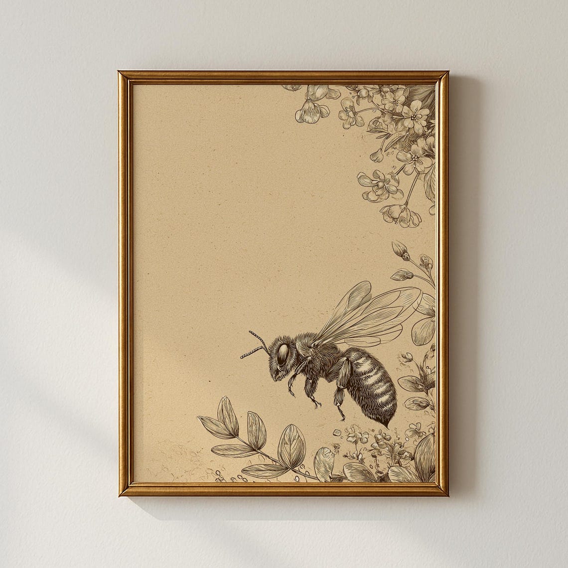 Vintage Honeybee Botanical Sketch Spring Blossom Engraving Poster