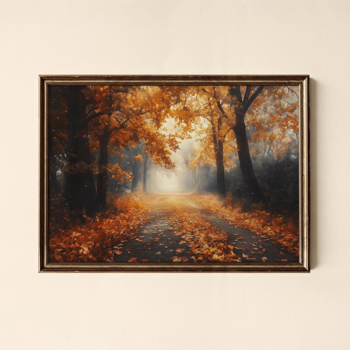 Autumn Forest Path Golden Leaves Misty Fall Trees Landscape Art Poster