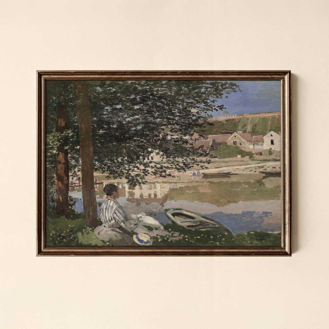 Riverside Woman With Boats Impressionist Village Poster Art Calm