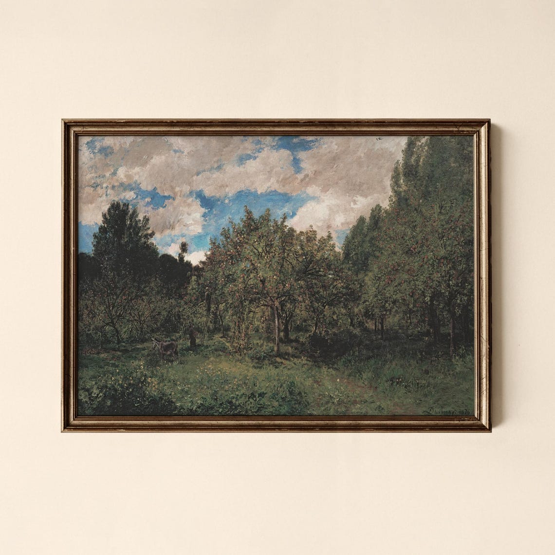 Vintage Orchard Meadow with Grazing Cow Impressionist Landscape Poster