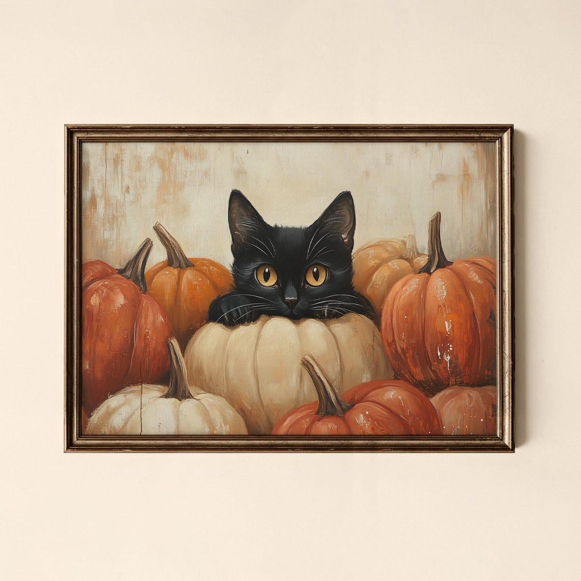 Black Cat With Golden Eyes Among Autumn Fall Pumpkins Art Poster