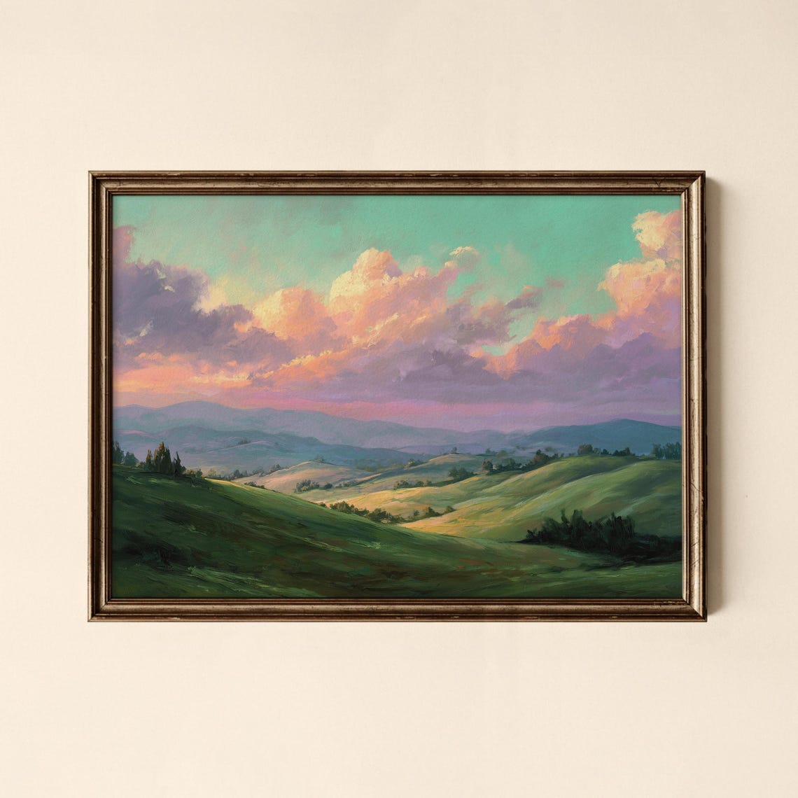 Rolling Green Hills Sunset Pastel Clouds Vintage Landscape Poster