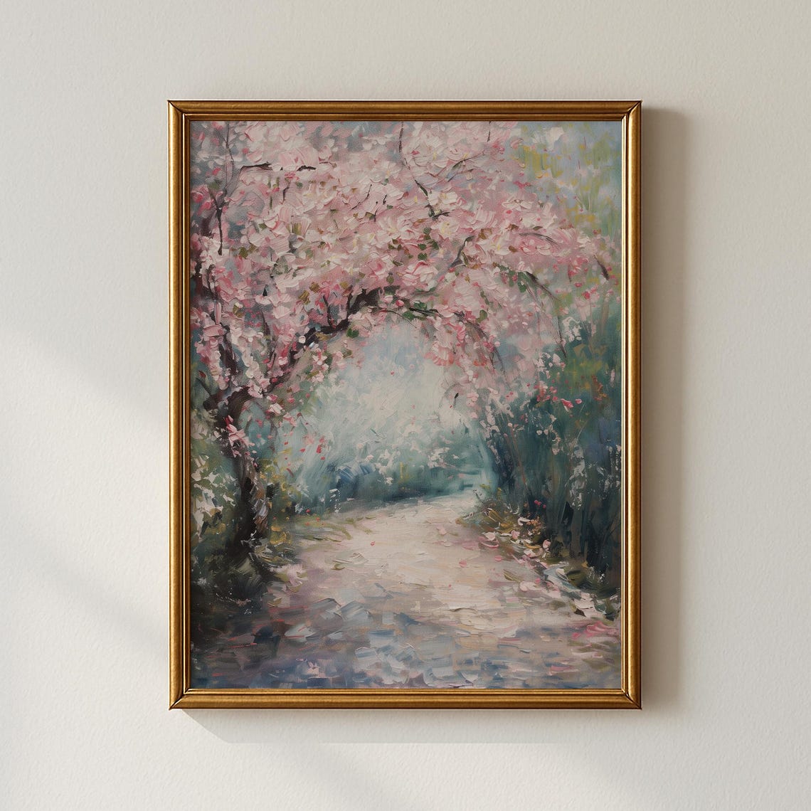 Pink Cherry Blossom Arch Over Garden Path Spring Floral Painting Print