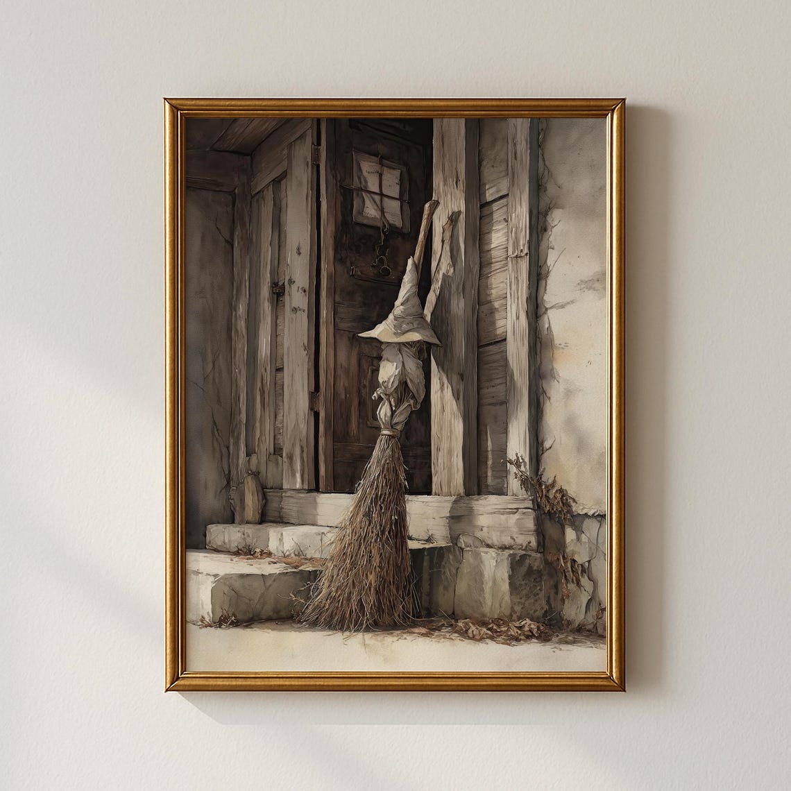 Halloween Witch Broom Door Art Poster Rustic Spooky Autumn Scene