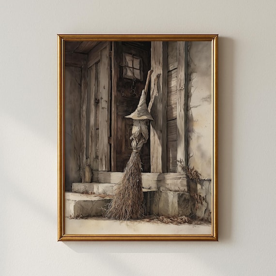 Halloween Witch Broom Door Art Poster Rustic Spooky Autumn Scene