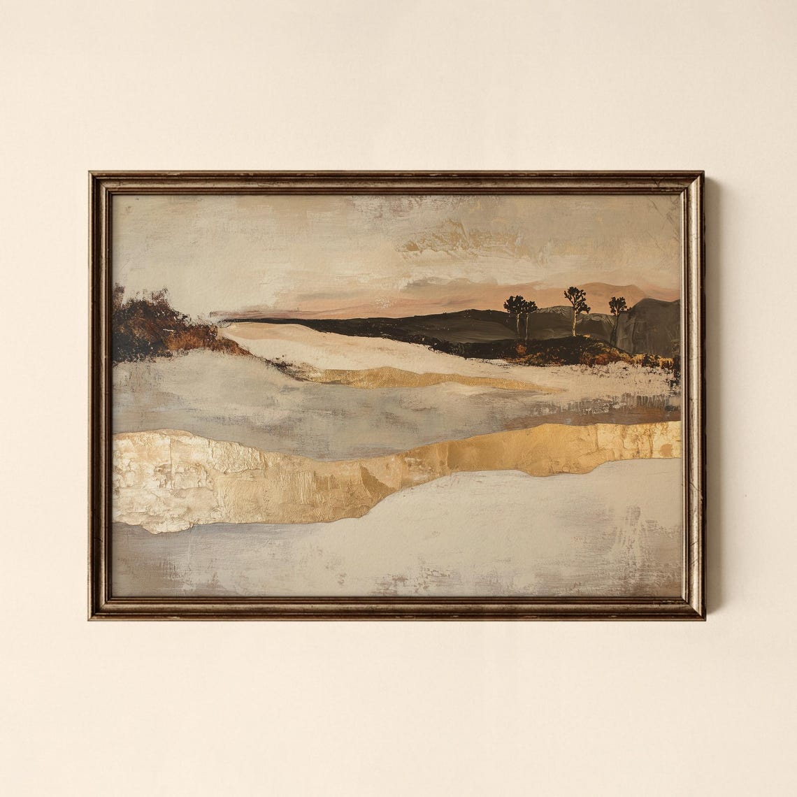 Neutral Abstract Landscape with Gold Leaf Rolling Hills Art Poster