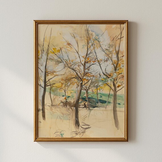 Golden Autumn Trees Deer Woodland Watercolor Sketch Fall Painting Poster