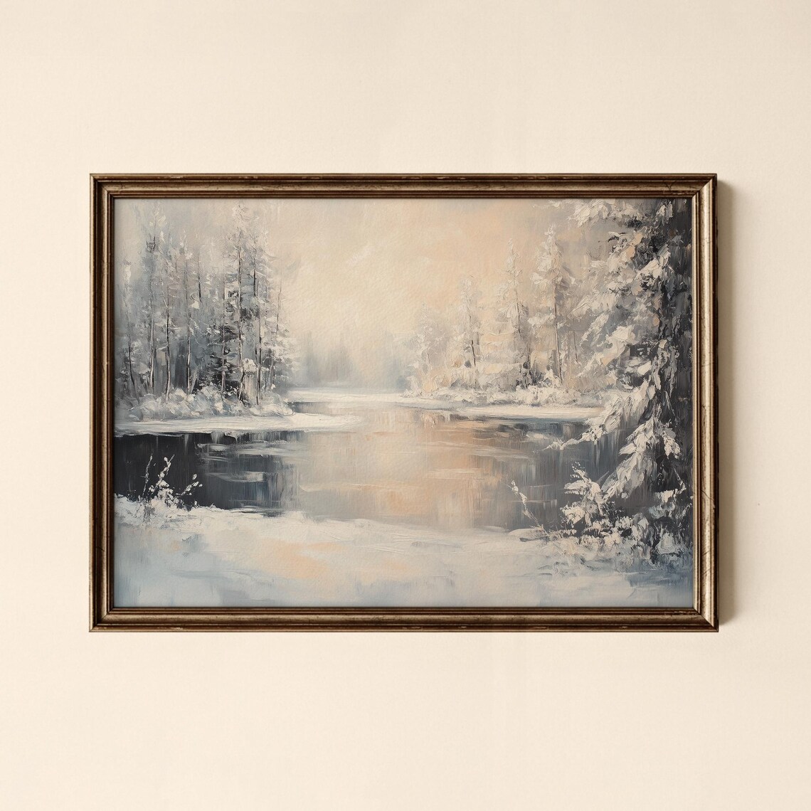 Winter Forest Lake Snowy Trees Misty Landscape Painting Poster
