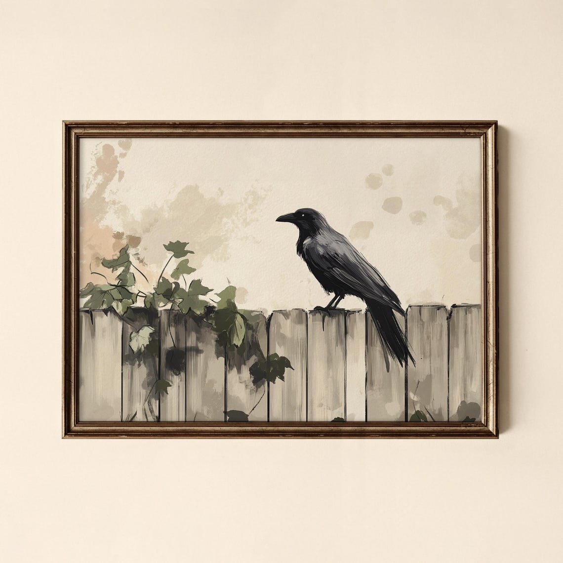 Crow on Weathered Wooden Fence Watercolor Print Rustic Farm Art