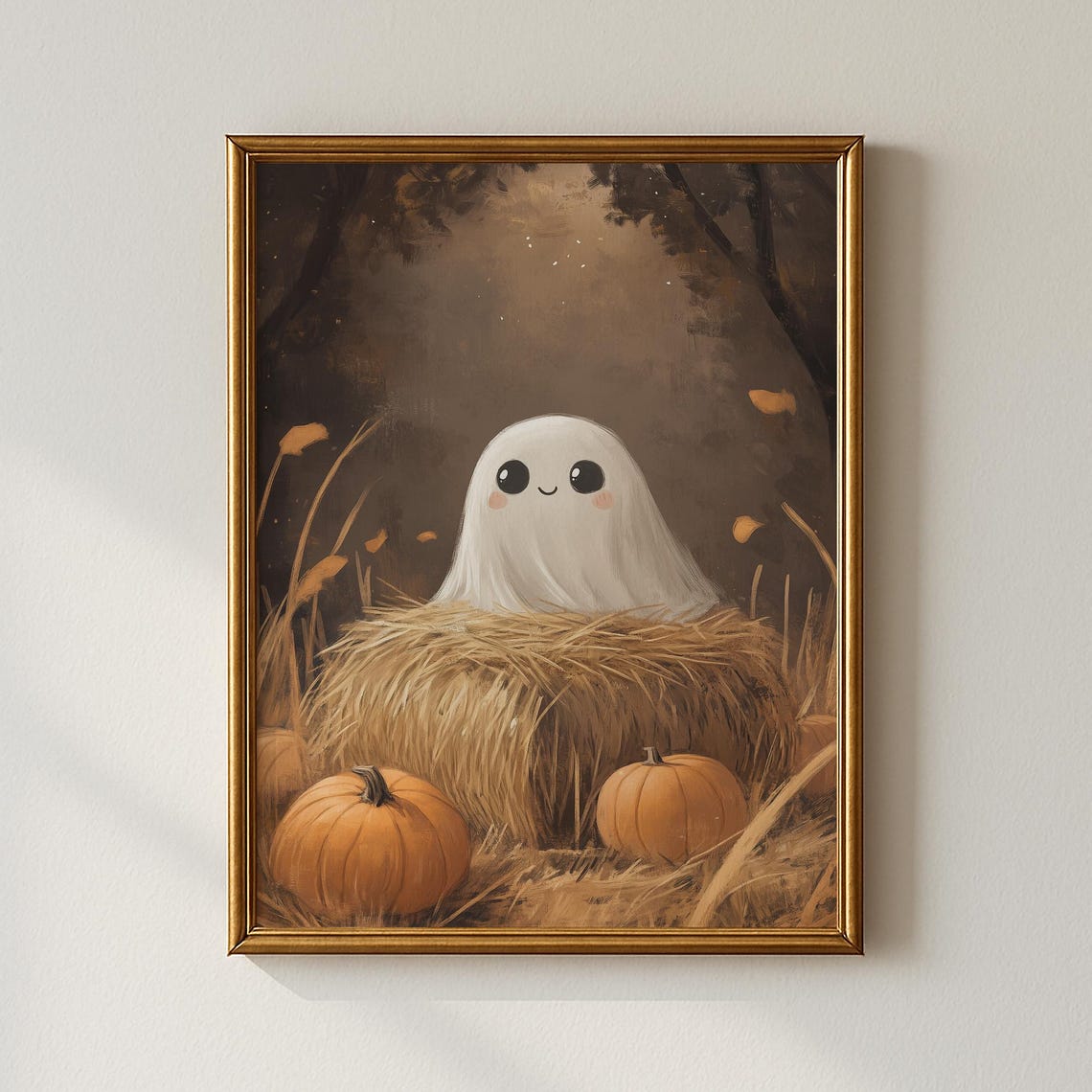 Smiling Ghost On A Hay Bale Autumn Pumpkins Halloween Poster