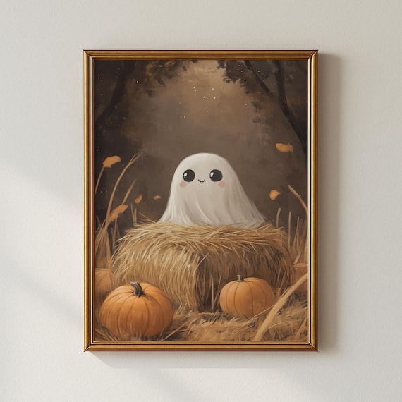 Smiling Ghost On A Hay Bale Autumn Pumpkins Halloween Poster