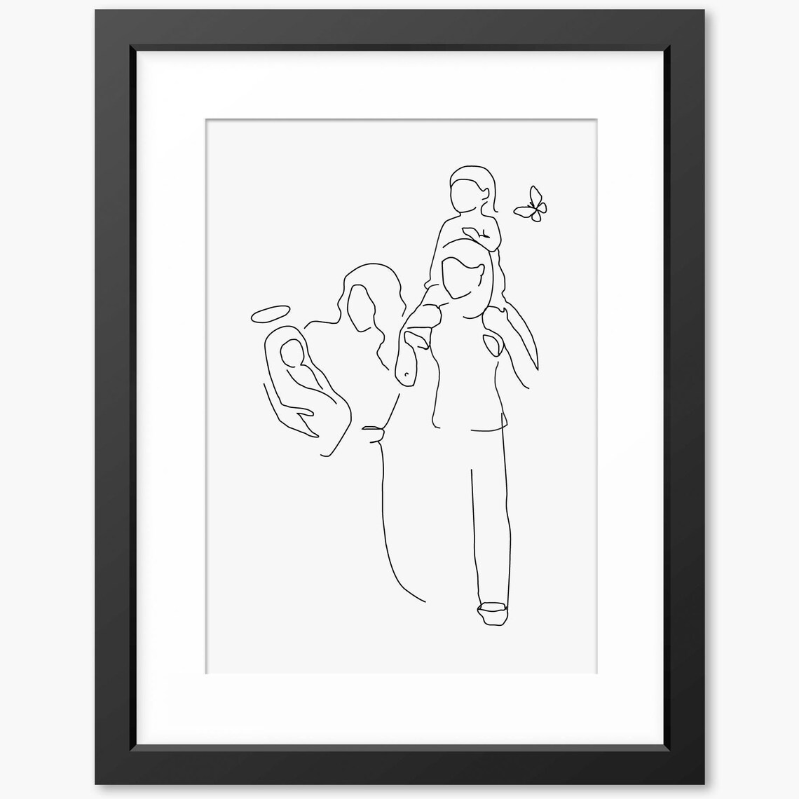Two Parents with Baby and Child Butterfly Accent Line Art Poster