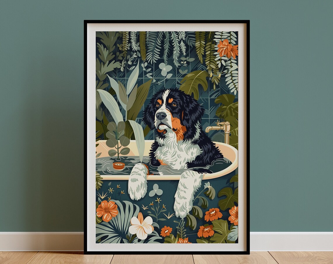 Bernese Mountain Dog Tropical Botanical Art Print