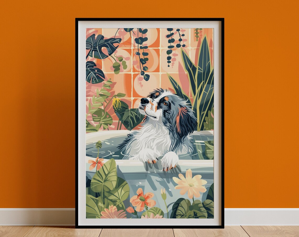 Blue Merle Australian Shepherd Bathtub Tropical Tile Dog Poster