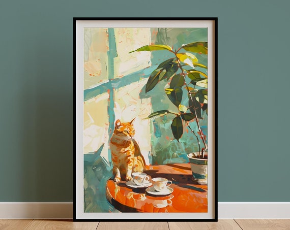 Retro Ginger Cat Coffee Art Print, Vintage Kitchen Decor