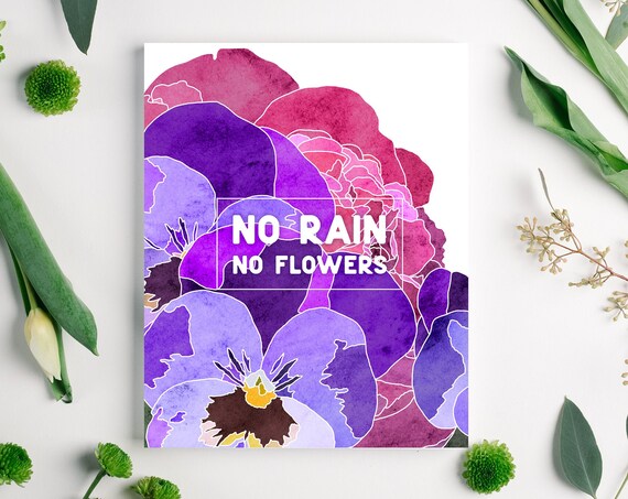No Rain No Flowers Purple Pansies Watercolor Floral Quote Poster