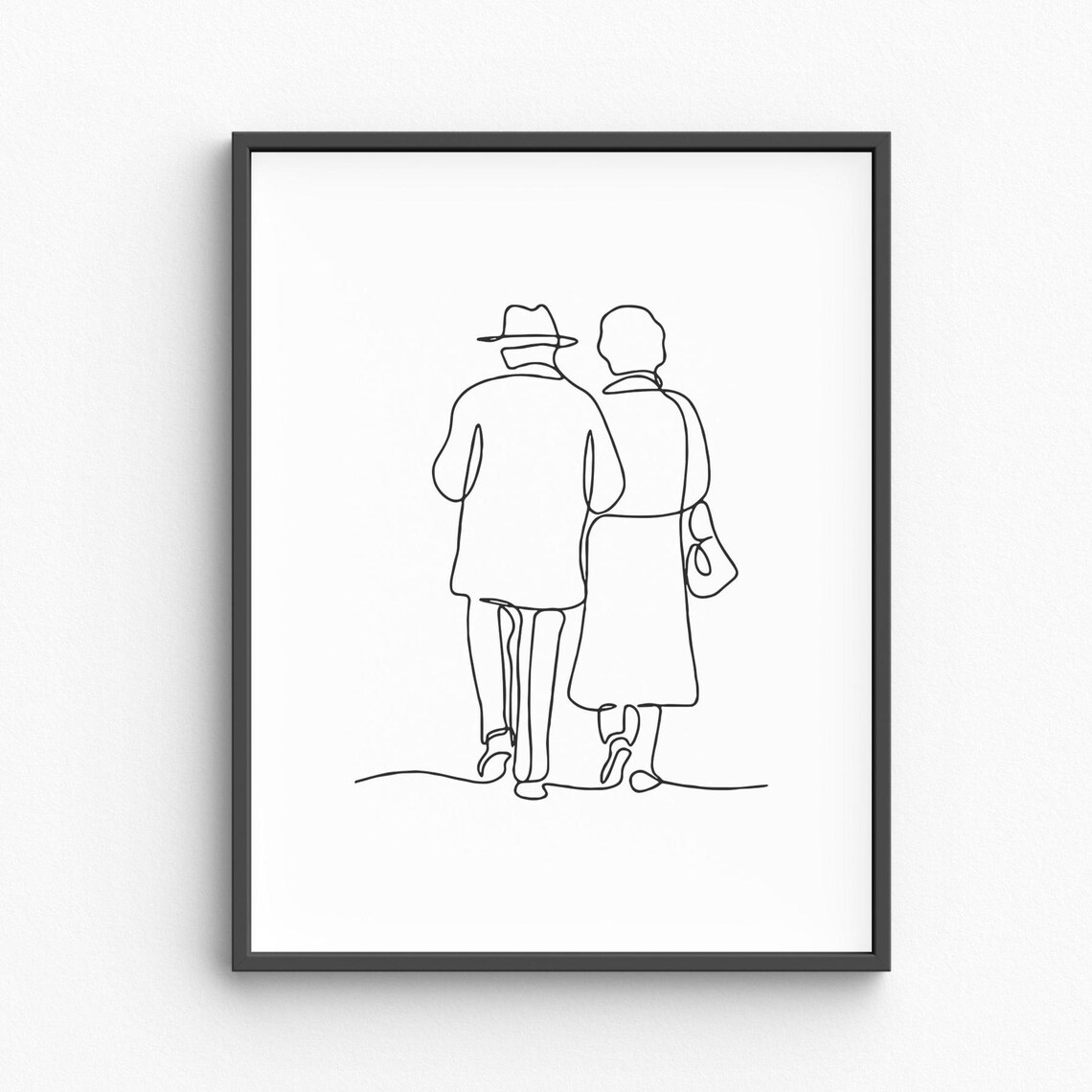 Couple Walking Away Together Romantic Sweet Stroll Line Art Poster