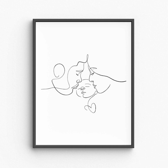 Minimalist Family Line Art, Mom Dad Baby Silhouette