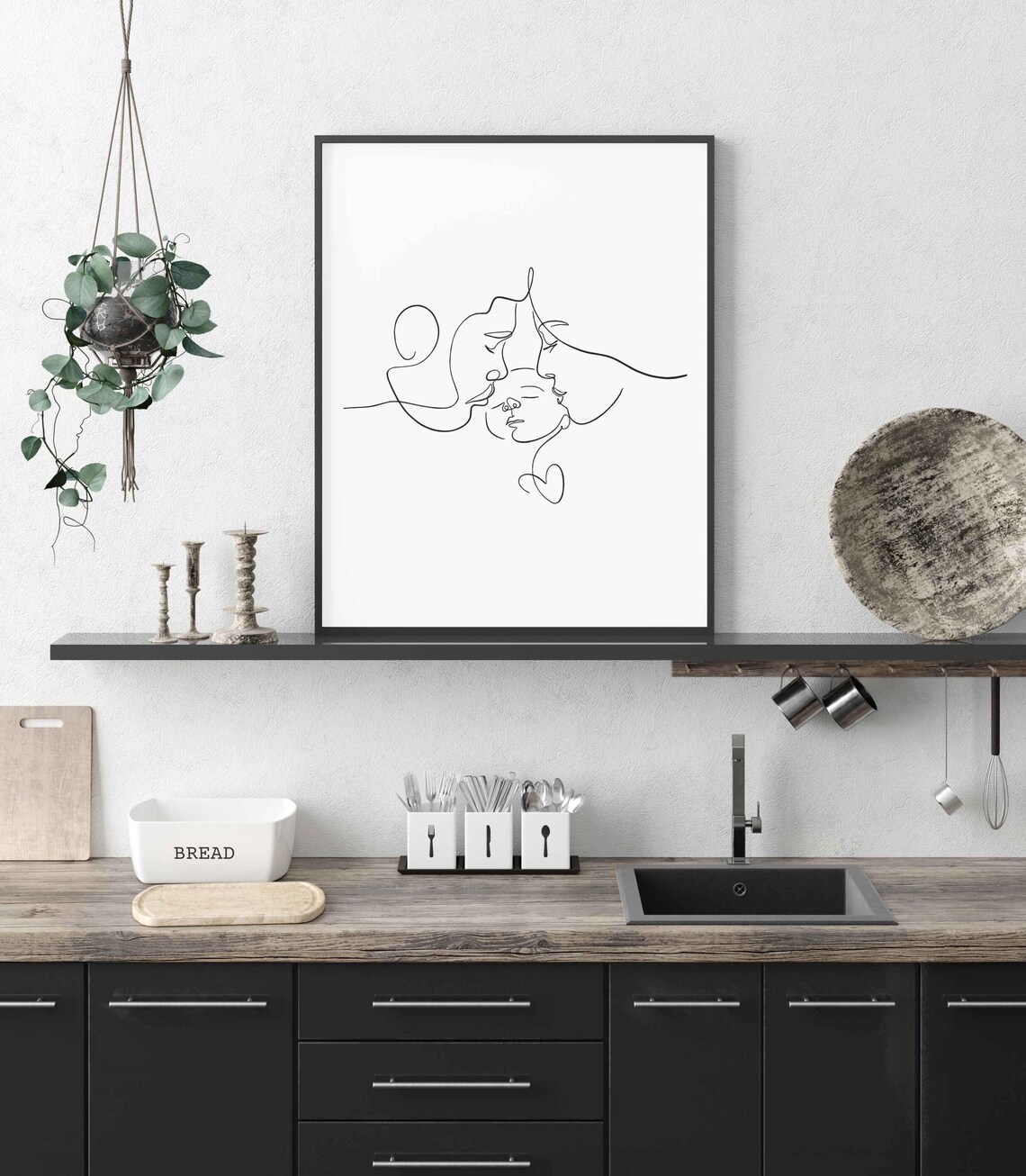 Minimalist Family Line Art, Mom Dad Baby Silhouette - Image 3