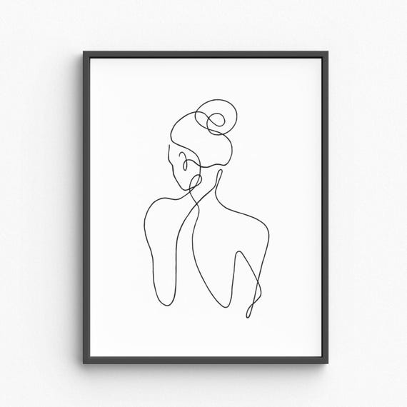Minimalist Woman Back Line Art Elegant Female Silhouette With Flowing Hair Graceful View Drawing Black White Wall Decor