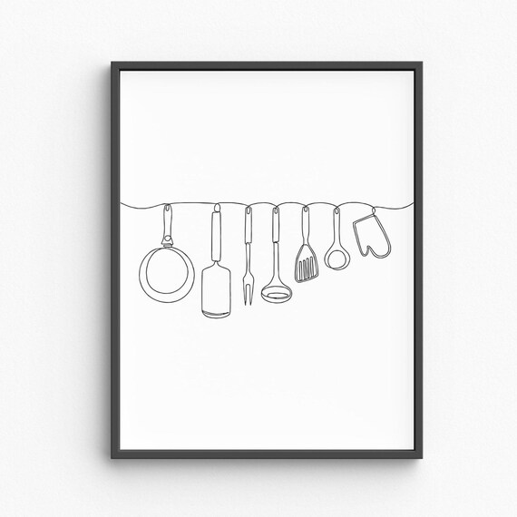 Kitchen Utensils Line Art Cooking Tools Print Minimalist Wall Culinary Decor Chef Gift