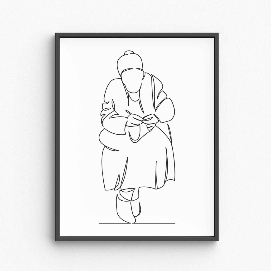 Minimalist Grandmother Line Art Loving Elderly Woman Drawing Sweet Grandma Portrait Sketch Black And White Family Wall