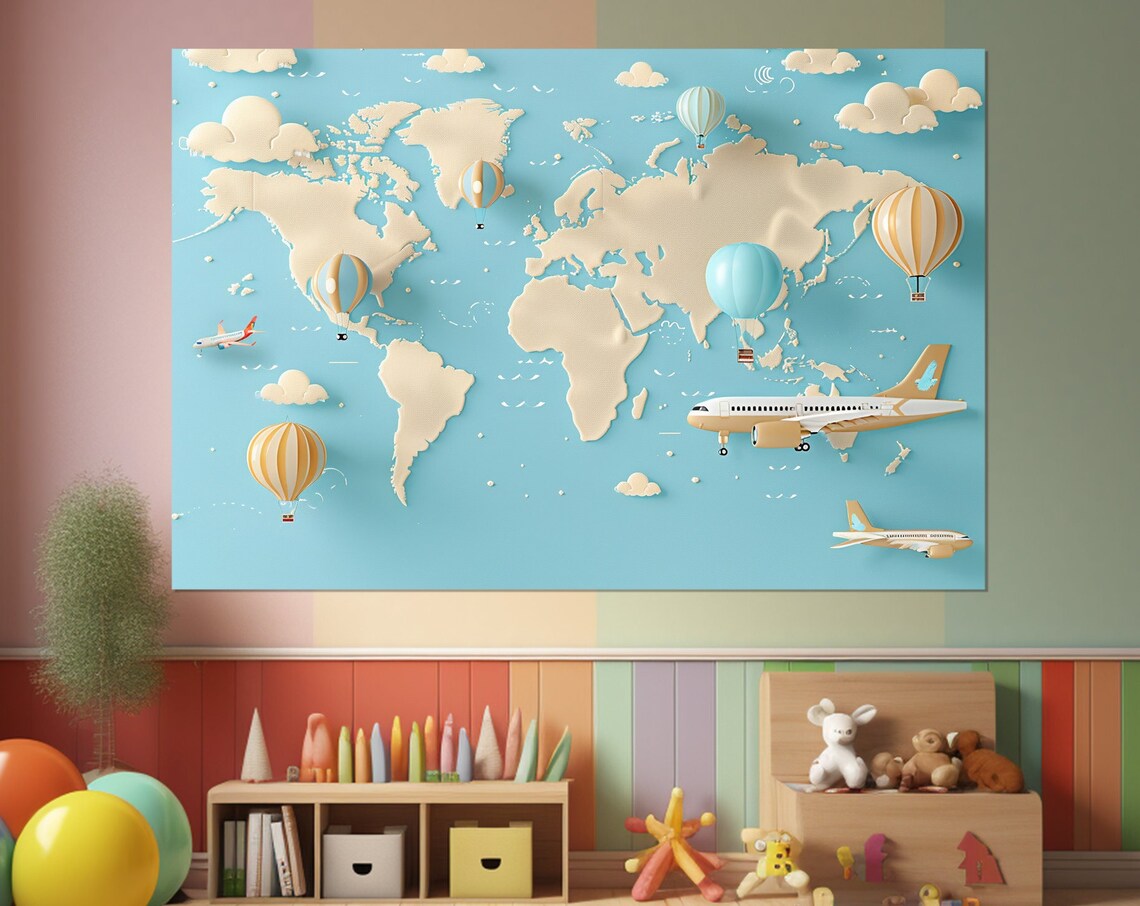 Kids 3D World Map Airplanes Hot Air Balloons Blue Nursery Wall Poster