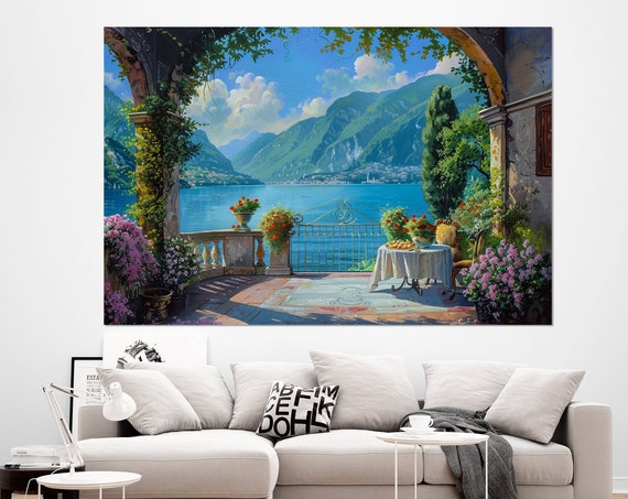 Scenic Como Lake Print Lake Como Painting Lombardia Italy Wall Art Como Poster Italian Lake Painting Framed Ready To Hang