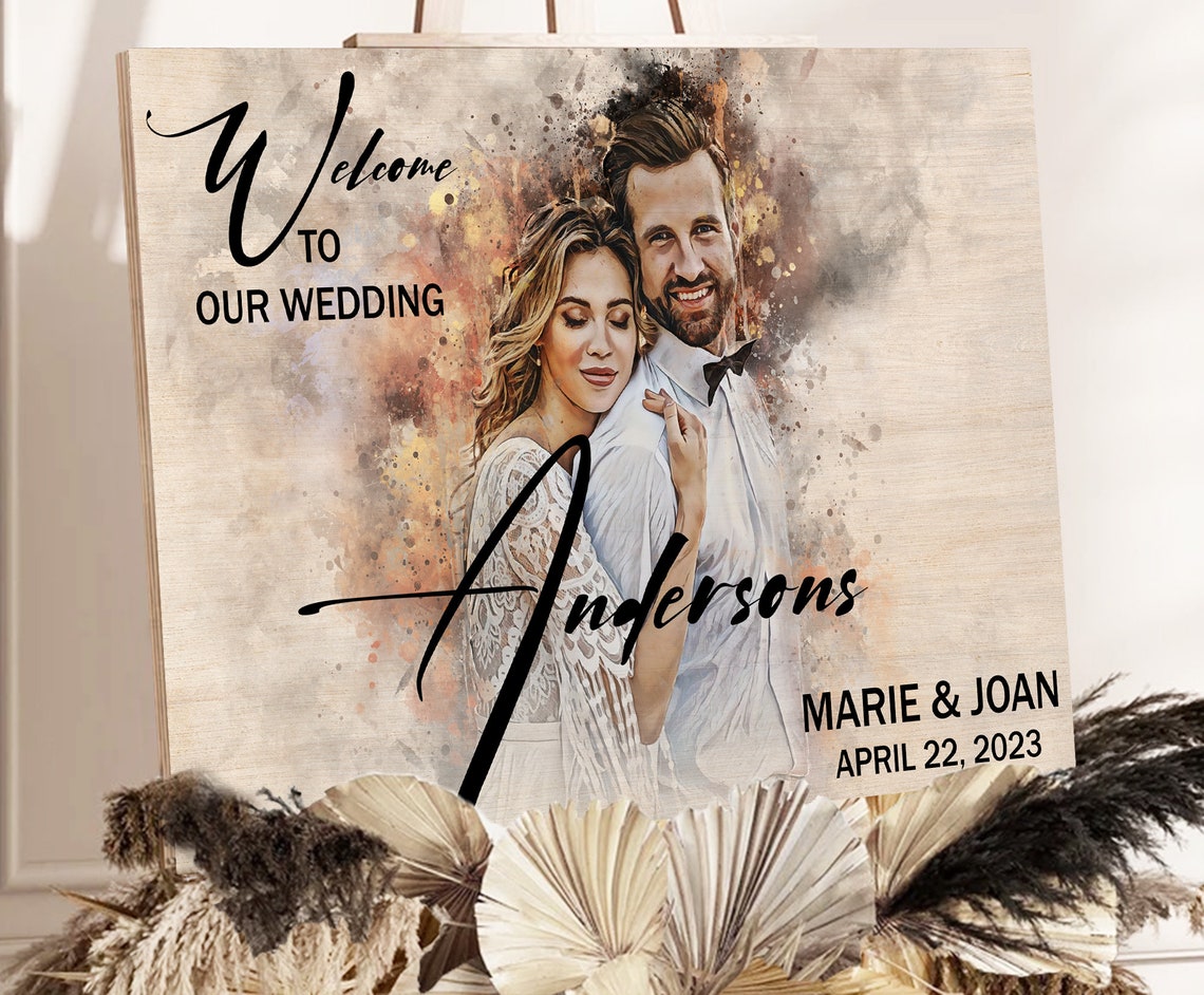 Custom Wedding Welcome Sign Couple Portrait Names Date Poster - Image 3