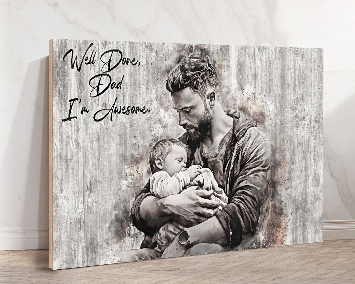 Dad and Son Watercolor Portrait Quote Rustic Wood Style Poster - Image 3