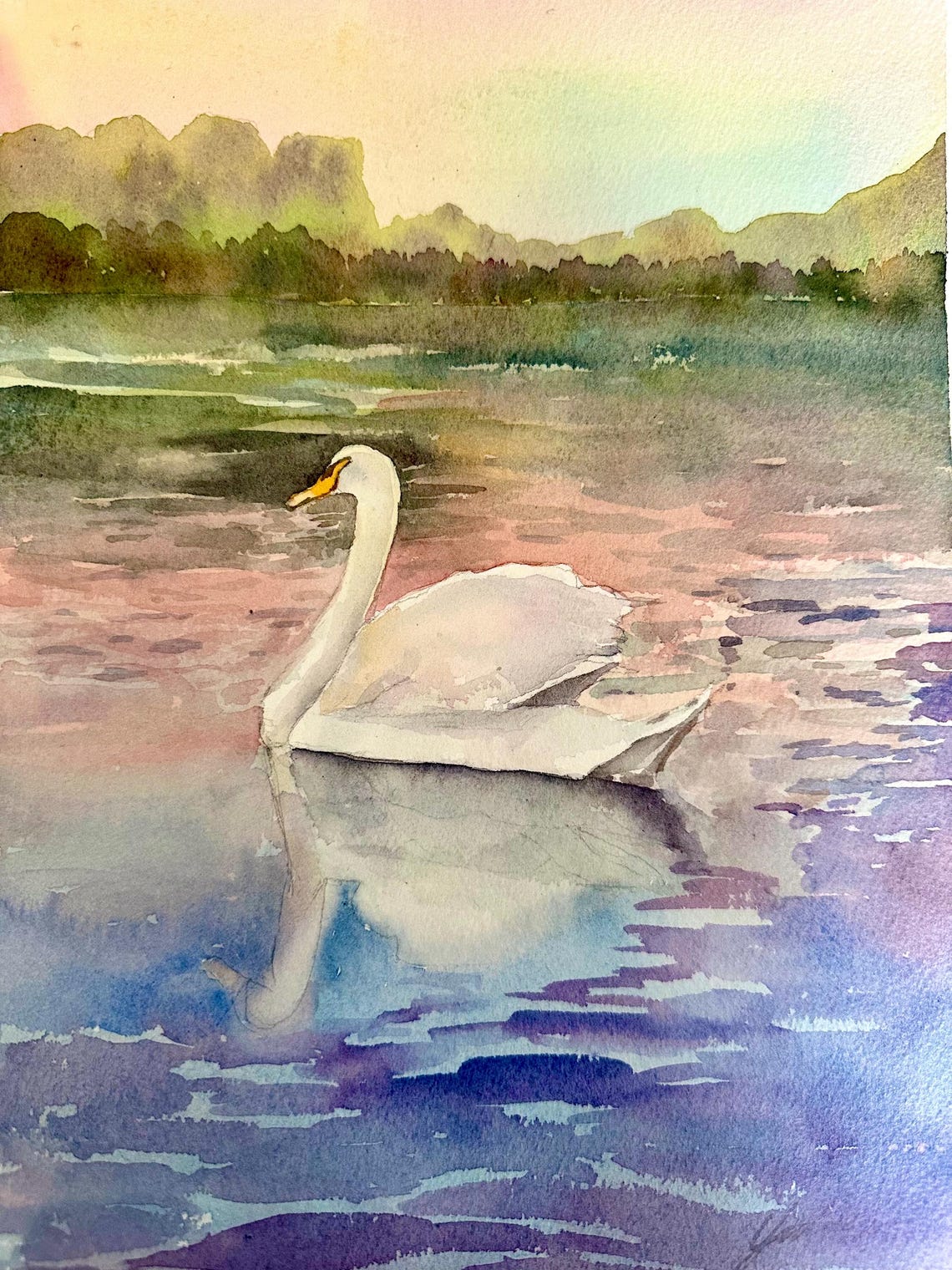 White Swan Gliding on a Sunset Lake Watercolor Nature Poster