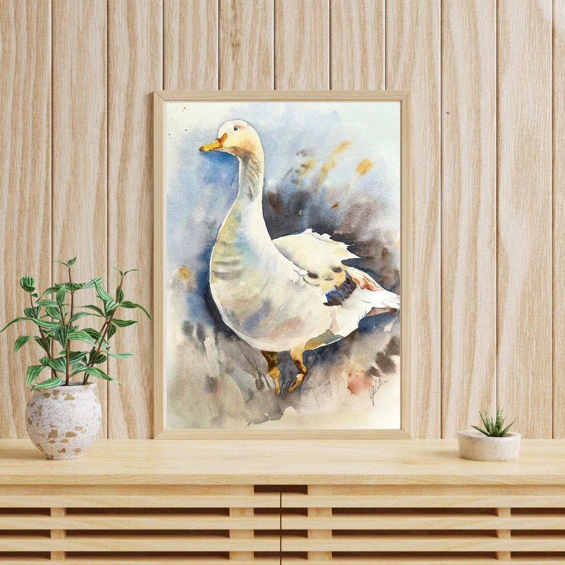 Graceful White Goose in a Soft Blue Wash Watercolor Bird Poster - Image 5