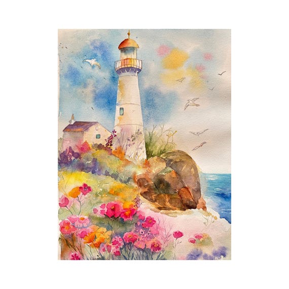 Lighthouse Landscape Original Watercolor Painting Lighthouse Impressionist Wall Art Wall Decor Rocky Cost Seascape Landscape Home Decor